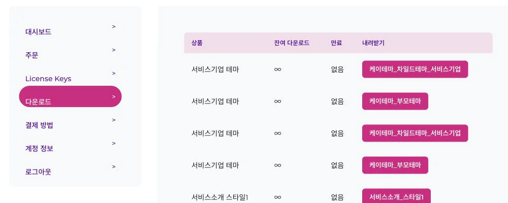 케이테마 마켓 내 계정의 다운로드 메뉴와 설치 파일 목록