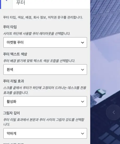 케이테마 v2 사용자 정의의 푸터 스타일 선택 화면